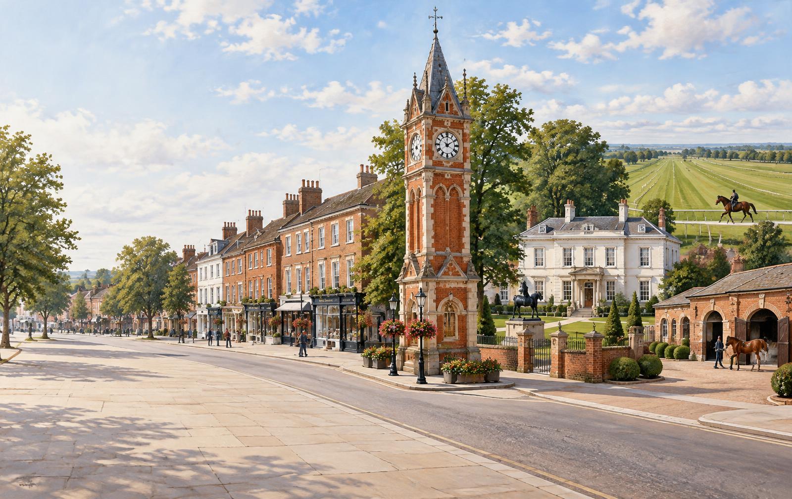 Illustration of Newmarket with independent shopfronts, the Jubilee Clock Tower, Palace House and Warren Hill gallops